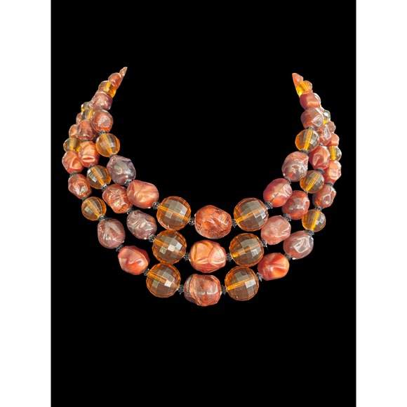 Boutique Jewelry - Vintage Signed Vendome Triple Strand Amber And Brown Lucite Beads